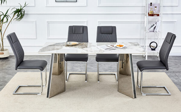 27763ec9525b47ec81a0e5462cba8e8b_df0ea81328e52077f7c93c7499e22efe Table and chair set.63"x31.5x30" Luxurious Pandora patterned Sintered Stone Tabletop with Silver Stainless Steel Butterfly Legs.Paried With 4 Dark Gray High-quality PU Chairs With Arched Metal Legs.