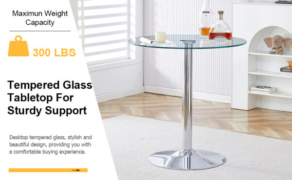 277c46ee8e3049b38daefc4627aa8848_f541e66babb068b96fd9f8cd4b703e9a A glass tabletop with a diameter of 35 inches and a modern minimalist circular dining table with electroplated silver metal legs. Suitable for restaurants, living rooms, and conference rooms.BT-1166