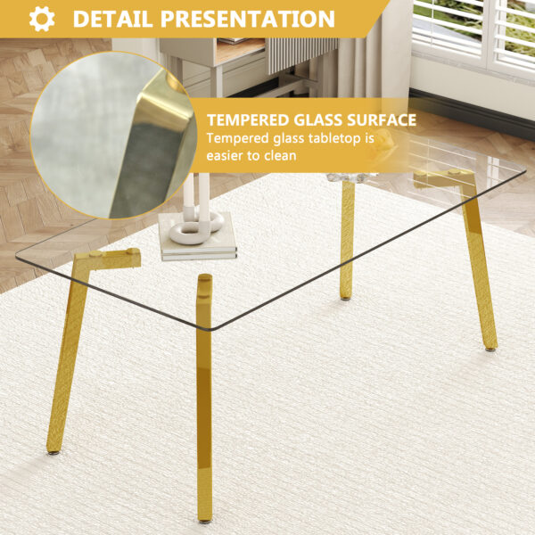 27955f70227742279a42bf8e8e68bcd2_93320c868330e7cbd6d239466eb9bf71 71 * 35.4 inch rectangular dining table. The transparent tempered glass tabletop is paired with golden 7-shaped metal table legs, showcasing a minimalist texture. Suitable for various places.