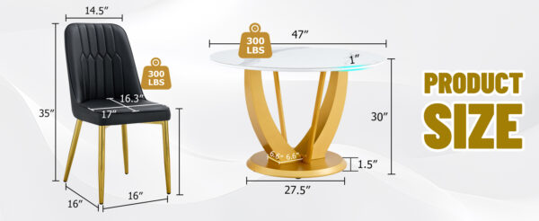 279e4662b9bb43ba89a55977b21704e7_4b457ef603156f9dbc0d953932a77537 Table and chair set.Luxurious Snow Mountain White Slab Round Dining Table Set - 47"x47" with 4 Black PU Chairs with Simple Line Designs On The Backrest .Golden Metal Legs.