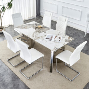 Table and chair set.63"x31.5x30" Luxurious Pandora patterned Sintered Stone Tabletop with Silver Stainless Steel Butterfly Legs.Paried With 6 White High-quality PU Chairs With Arched Metal Legs.