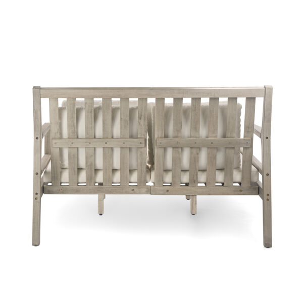 TREXM Outdoor Daybed, Patio Daybed with Four Pillows, Wooden Outdoor Bed with Curved Armrests for Poolside, Backyard, Garden (Gray+Beige Cushion)