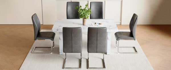 27ea55c5ccf845c19f842339bcb386a7_7520476a227d6eadc830eca8b9602c01 Table and chair set.63"*35.4" White Imitation Marble Pattern MDF Dining Table Set - 6 Soft and Comfortable Dark Gray PU Chair With Arched Metal Silver Leg.Create Your Exclusive Low-Key Luxury Space.