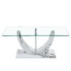 Modern minimalist transparent tempered glass coffee table with marble patterned MDF legs and stainless steel decorative columns. Computer desk. Game table. CT-907