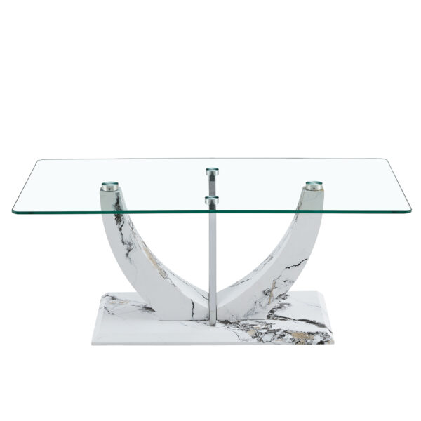 27f4ce7748da47f7bb58c967136b40e4_20240206_eca5c8c2dddb96f814417eef3c775507 Modern minimalist transparent tempered glass coffee table with marble patterned MDF legs and stainless steel decorative columns. Computer desk. Game table. CT-907