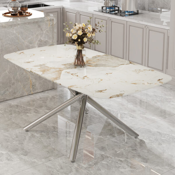 28036341837d4ea498ae4de04e6e0ba1_4dec36fd1d4d521229202be2ecca3189 Large modern minimalist rectangular dining table with 0.39 "imitation marble tabletop and silver metal legs, suitable for kitchens, restaurants, living rooms, conference rooms.W1151S00986