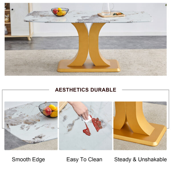 2809eae603134fa3b48fb4a3b8f44c73_3f2915e496ab815ff672a206f5ed2d03 A modern minimalist dining table. Imitation marbled glass tabletop. Gold MDF table legs for kitchen and living room