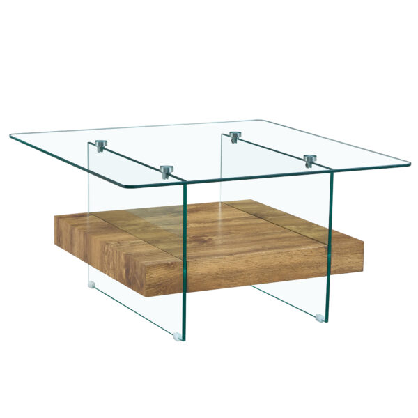 280c3f842e54400080027281a1b24e70_51ba8db31cda1fefea79d63eef531150 31.4 Inch Modern Two-Tier Square Coffee Table -An Elegant Combination of Clear Glass and Light Wood Texture Sticker.It can be used not only as a coffee table but also as a side table or display stand.