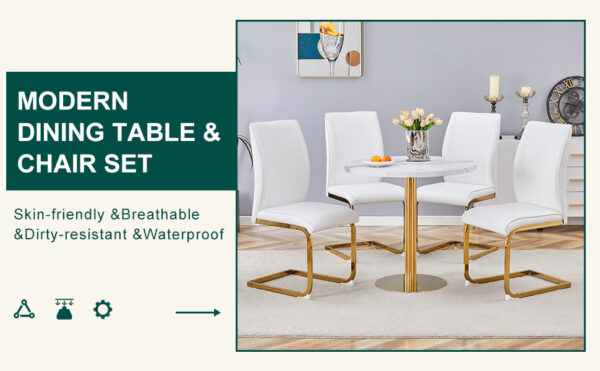 2829d4cd84464c9ebe608299c6b44624_b4e546ee2c4ceda6e0ce7cdef2bb4646 Table and chair set.31.5 Inch Elegant White Marble Pattern Round Dining Table - Suction Molding Annular Texture.Paired With 4 White PU Material High Resilience Dining Chairs.