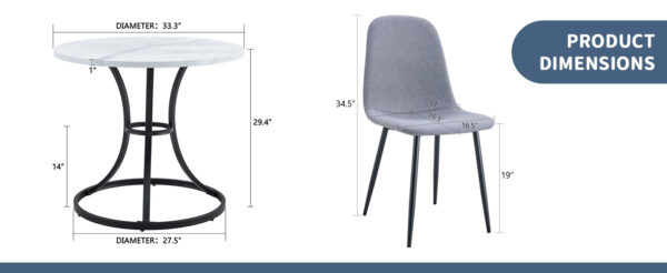 2869af4708c44003bfc0ebe6f2bb368e_687f73609234a1f63c5e1b295ffa7a80 Table and chair set.A Modern Minimalist Circular Dining Table With A Diameter Of 33.3 Inches.Paired With 4 Light Gray Linen-Cotton Material High Resilience Dining Chair with Metal Leg.