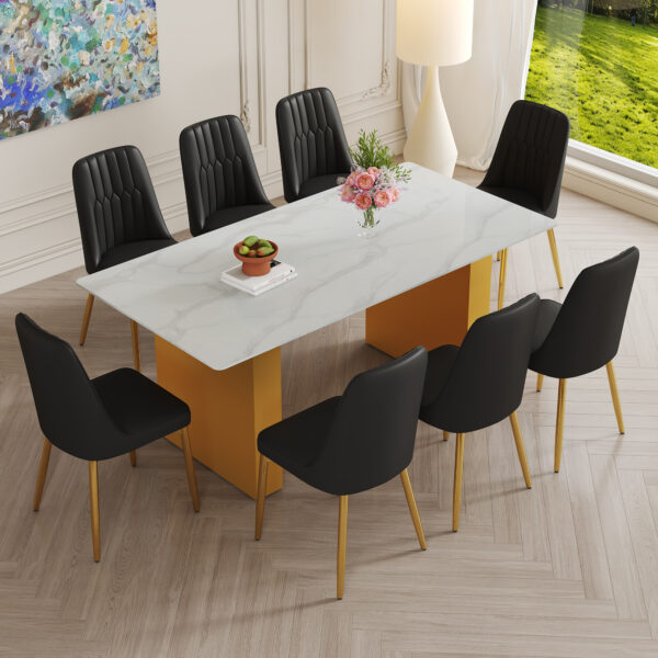28a15bc4ba1c4240970f73d46f57b12e_bb369525532bdacee3bb64ae2c2e94b4 Table and chair set.Luxurious Style Tempered Glass Dining Set-71"x35.4"with 8 Black PU Chairs with Simple Line Designs On The Backrest .Golden Metal Legs.Tempered Glass Top With White Texture sticker.