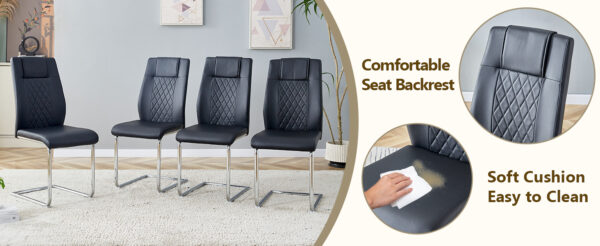 28a42de1285b476983f5d1383f1322ef_2651ca61b4a38318c831a2e9723ddf28 Table and chair set.63*31.4 Inch Luxurious Cold Jade Sintered Stone Dining Table Set - 6 Black High-quality PU Chairs With Arched Silver Metal Legs.Perfect For Dinner Room,Meeting Room,Kitchen,etc.