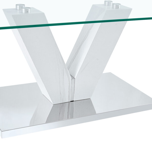 28aca9762f244706a54f1a814613675e_20240206_98677ee3f3909540e39f1ce79957106c Modern minimalist coffee table. Transparent tempered glass tabletop with silver MDF pillars. Suitable for living room and dining room
