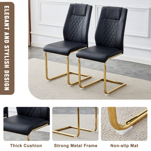 28b86302a6044a7b88cf421ff956e59c_68877f2cf68c4ecea6e880ed9a00b69e Table and chair set.The table has a glass tabletop with imitation marble pattern stickers and stainless steel golden table legs. Paried with comfortable chairs with PU seats and metal legs.