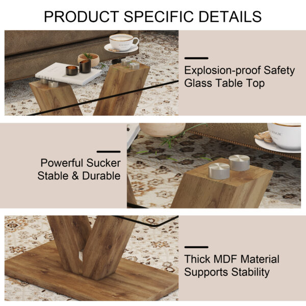 28da33456efa43d0b0f88f843038ba57_20240321_779806edf00a8e7e522fd11ca9302434 A modern minimalist style coffee table. Transparent tempered glass tabletop with wooden MDF columns. Suitable for living room and dining room. CT-V