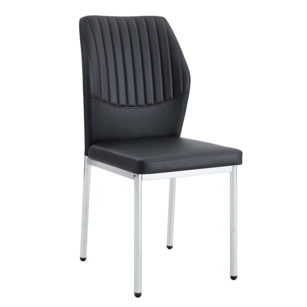28e0b4440be3427f91ac3f5da27ffed5_86a830b519f7356206c67558970a2829 Luxury Simple Chair - Set of 6 BLACK PU Material High Resilience Dining Chair with Metal Silver Leg.The Chair Back Has a Vertical Stripe Design With Smooth And Uniform Lines.