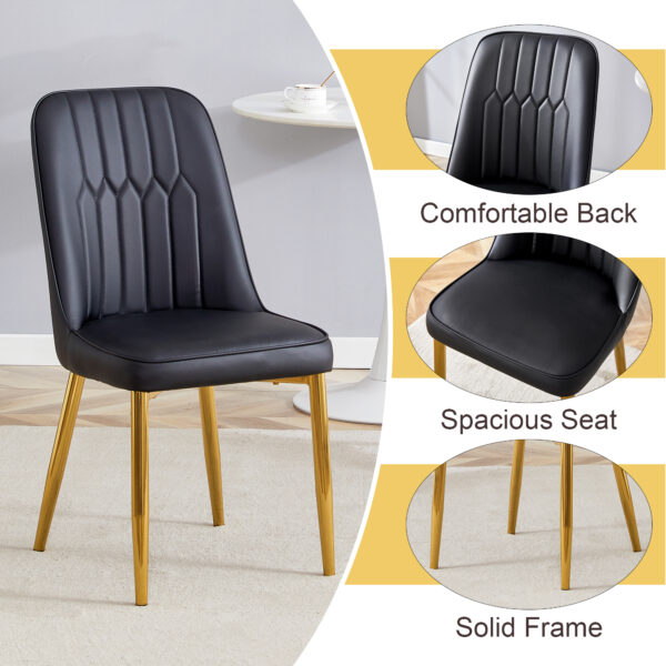 28f740f1bcbc486c8ea20a5e83bbea79_de190dae26030aad56e47a3b4694ea68 Table and chair set.63"x31.5x30" Luxurious Pandora patterned Sintered Stone Tabletop with Golden Stainless Steel Butterfly Legs.Paried With 4 Black PU Chairs with Simple Line Designs On The Backrest.