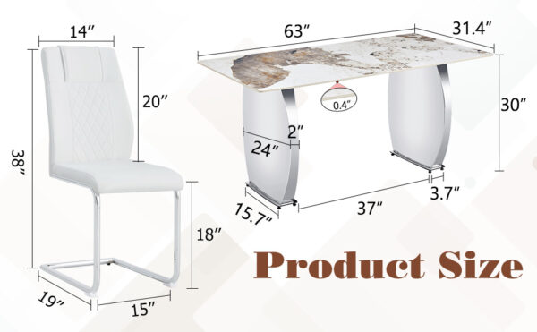 290226b02bcd45488bf0abd60f1c86ec_b6a8f03e51af3c4b1a33d7d3e4a4cf1f Table and chair set.63*31.4 Inch Pandora Patterned Sintered Stone Dining Table Set - 6 White Chairs With Silver Metal Legs.Modern Light Luxury.Perfect For Dinner Room,Meeting Room,Kitchen,etc.