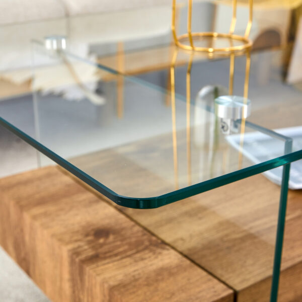293220af0951497ea5c6e8aa11f4579a_e22eb7f5f9768852d99e0f7e0455c026 43.3 Inch Modern Two-Tier Coffee Table - Clear Tempered Glass and Natural Wood Grain, Multifunctional Storage Design.The bottom tier includes a drawer.Can be used as a coffee table,side table,etc.