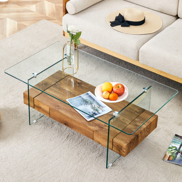 2940a9c81fdd4dd4a98d2869f016a317_eb554af552239a82cb926dfff12bc484 43.3 Inch Modern Two-Tier Coffee Table - Clear Tempered Glass and Natural Wood Grain, Multifunctional Storage Design.The bottom tier includes a drawer.Can be used as a coffee table,side table,etc.