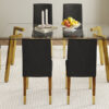 Table and chair set.71 * 35.4 inch rectangular dining table.Tempered Glass Tabletop,Golden 7-shaped Metal Table Legs.Paried With 6 Black PU dining chairs, Golden Metal Legs.Simple and versatile.