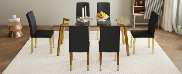294b639b794b498092ac2604aa8a696e_4d7c182e50482ba5efa17712cebe7cd6 Table and chair set.71 * 35.4 inch rectangular dining table.Tempered Glass Tabletop,Golden 7-shaped Metal Table Legs.Paried With 6 Black PU dining chairs, Golden Metal Legs.Simple and versatile.