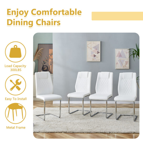 295089a5c7b14659a978f7ad5b5df12c_e5058d0d02d7d6f3c75347b1b66d0643 Table and chair set.55"x31.4" Cream-Style White MDF Dining Table Set with 6 White Chairs With Silver Metal Legs.MDF Tabletop and metal frame legs.Adding a warm and gentle atmosphere to your family.