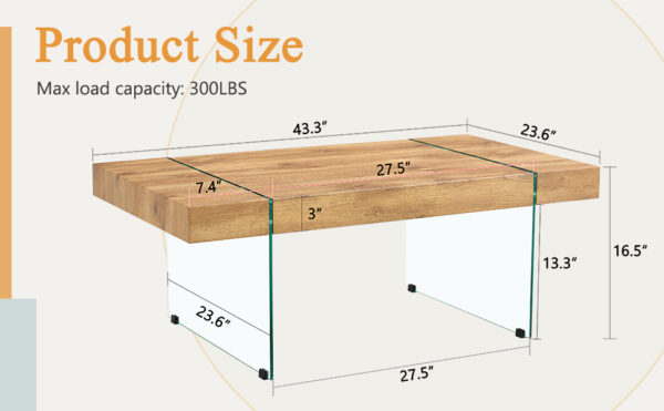 29668f8efc29492a874156fbafb34461_35519567ff9710eda4209657bda49372 43.3"x23.6" Wood colored texture sticker MDF Coffee Table with Tempered glass legs.Suitable for Living Room.It can be used not only as a coffee table but also as a side table or display stand.