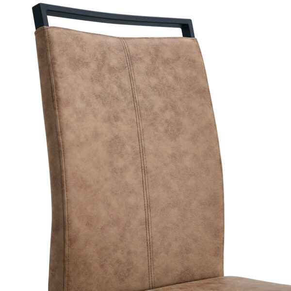 Table and chair set.A retro rectangular dining table with fishbone patterned MDF desktop and black metal legs.Paired With 6 Brown technology fabric chairs with Featuring arched black legs.