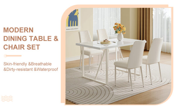299fef6c2e1d4a76b805066043aeee1d_719fb4557be153c15367a354d1d5294a 55"x31.5"Cream-Style White MDF Dining Table Set with 4 Armless Chairs.The backrest of the dining chair is designed with multiple vertical stripes.Adding a warm atmosphere to your family.