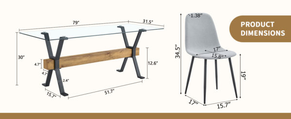 29a28615d22d4864ae31815f0ec7cfcf_7e07ebb841abe897f900daf44035213a Table and chair set.79"x31.5" with X-shaped Black Metal Table Legs,Wood Grain Textured MDF Crossbeam.Paired With 8 Chairs Made Of Light Gray Lnen Fabric.Iron pipe spraying Legs.