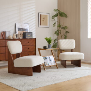 [Set of 2] Modern Beige Lounge Chair with Polyester Upholstery, Sturdy Wood Base With Walnut Finish, Minimalist and Stylish Accent Seating for Living Room, Bedroom, or Office