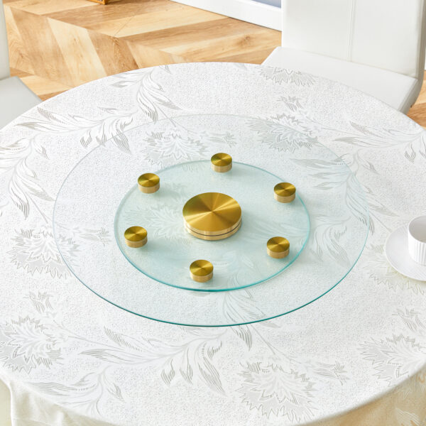 29a72d28a6e541c5bf9c627c11f78832_08045bae48ff793563939238d51ef903 Double layer rotatable round glass.Golden aluminum plate,The rotatable design makes it convenient to retrieve and place items.The upper glass has a diameter of 24 inches, the lower glass15 inches.