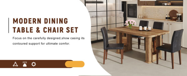29ac0bef0f674e6599b44d219c11d2fd_56804e0ba5033a031a4a32b769955bd4 Table and chair set.64.5 x 35.4 Inch Stylish Wood Color Textured Dining Table.Perfectly Blending Simplicity And Transparency.Paried With 4 Black PU Dining Chairs with Walnut Color Metal Leg.