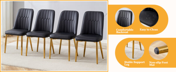 29d676f0686f4fffa782fb553729247c_508bbfabedb5df44e2f161c5f8330f63 Table and chair set.Luxurious Style Tempered Glass Dining Set-71"x35.4"with 8 Black PU Chairs with Simple Line Designs On The Backrest .Golden Metal Legs.Tempered Glass Top With White Texture sticker.