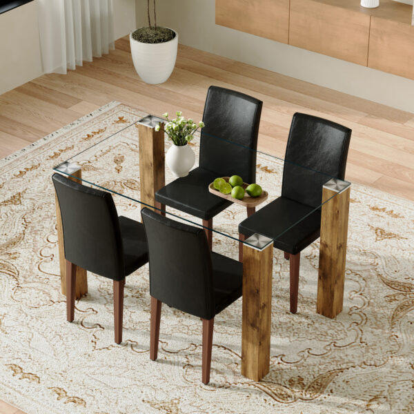Table and chair set.A 49.6*30 Inch Transparent Tempered Glass Dining Table With Natural Wood Grain MDF Legs.Paired With 4 Black PU High Resilience Dining Chair with Walnut Color Metal Leg.