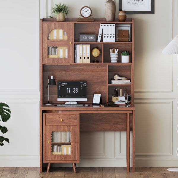 Computer Desk with 90 Degree Rotating Desktop, 43x70 Inch Office Desk with Storage Drawer and Cabinets, Gaming Desk with Shelves, Writing Desk for Study, Work Desk for Home Office Bedroom Living Room