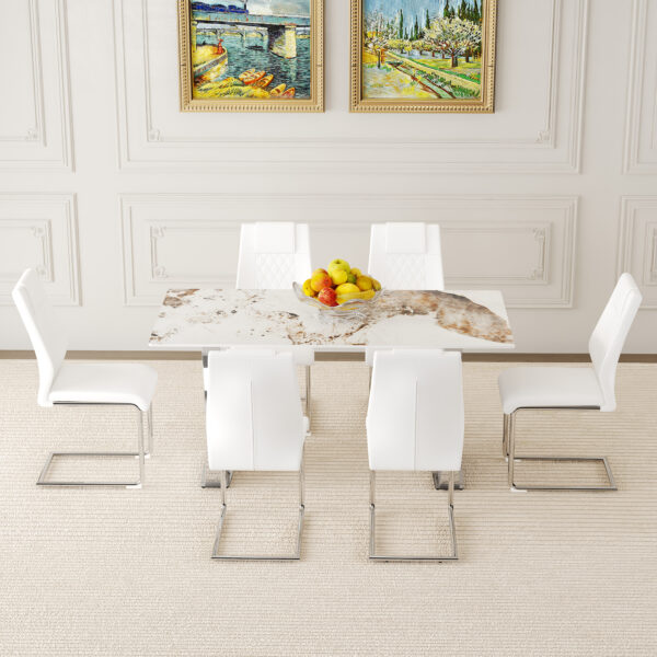 29f6c327eaa94ad39057a464a4e460fe_e10779de057d9fe6f78a8cddf2eaf008 Table and chair set.63*31.4 Inch Pandora Patterned Sintered Stone Dining Table Set - 6 White Chairs With Silver Metal Legs.Modern Light Luxury.Perfect For Dinner Room,Meeting Room,Kitchen,etc.