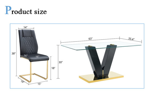 29f9848173ee49ec94b4736d02248c9b_577d1f6d50f64d49e0d76f30dfa08ed1 Table and chair set.Luxurious Tempered Glass Dining Set - 63"x35.4" with 4 Comfortable Black PU Chairs With Golden Arched Metal Legs .V-Shaped Support Design Table Leg.