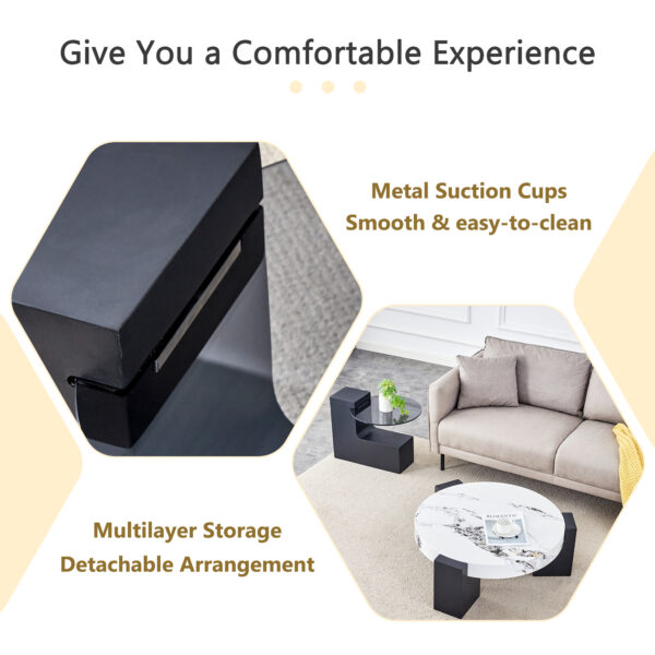2a155080bf534a9fbb11f2c3f61ec370_9319b171e3595e91462528b64ea252bd Modern Simple Double-Layer Round Coffee Table - Transparent Gray Glass Top with Black MDF L-Shaped Legs.The detachable design can make the use of space more flexible.