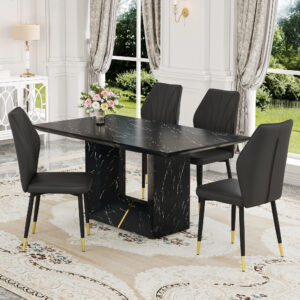 Table and chair set.Black Marble Pattern MDF Dining Set - 63"x35.4" with 4 black PU Chairs With a Widened Backrest Design.Giving you a luxurious feel.
