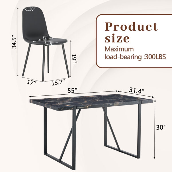 2a2f8b650e334b9097a39460e9a807a0_56607c61656b85b5b31447586508f951 Table and chair set.Modern Black Marble Pattern MDF Dining Set - 55"x31.4" with 4 Cat Claw PU Chairs.Modern Mid-Century Style Upholstered Side Chairs,Spoon Shaped Chairs.Four Chairs per Box.