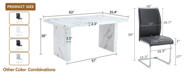2a38568a06164e6fbe630907f1de91d6_17c87104a754aa90939c1434ba14a16e Table and chair set.63"*35.4" White Imitation Marble Pattern MDF Dining Table Set - 6 Soft and Comfortable Dark Gray PU Chair With Arched Metal Silver Leg.Create Your Exclusive Low-Key Luxury Space.