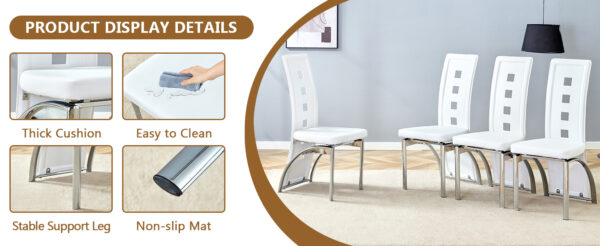 2a538b196bce4057849e2ef7e5f3d30c_09810bb54f41e858fa53e29199ad411c Table and chair set.63"*35.4" White Imitation Marble Pattern MDF Dining Table Set - 4 PU Chair With White Saddleback, Geometric Pattern Backrest,Silver Curved Metal Leg.Suitable For Various Scenes.