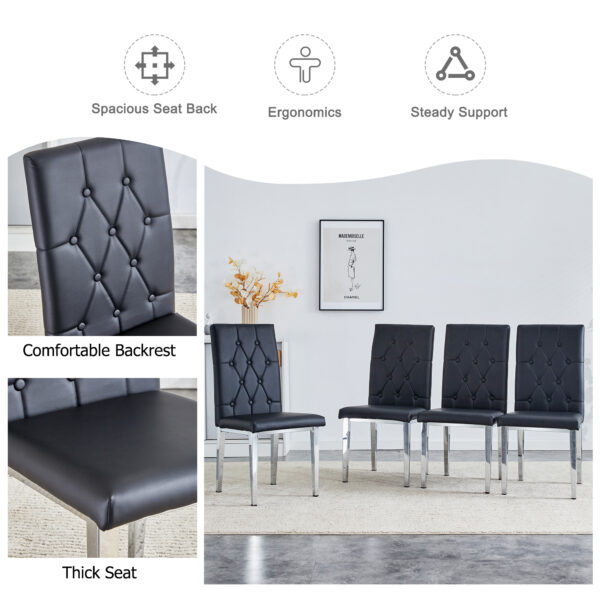 2a90ae3f39e047c5ba45e0ca7cd04e83_20240318_8643eba3677cfd4f5481f06e0bd83009 4 piece set of black armless dining chairs brings a touch of elegance and mystery to the dining area with its deep black tone,The grid and buckle design of the back add a vintage yet fashionable touch