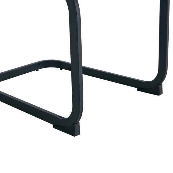 Table and chair set.A retro rectangular dining table with fishbone patterned MDF desktop and black metal legs.Paired With 6 Brown technology fabric chairs with Featuring arched black legs.