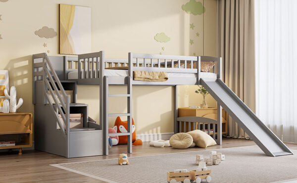 Stairway Twin Size Loft Bed with Two Drawers and Slide,Gray(OLD SKU:LT000515AAE)