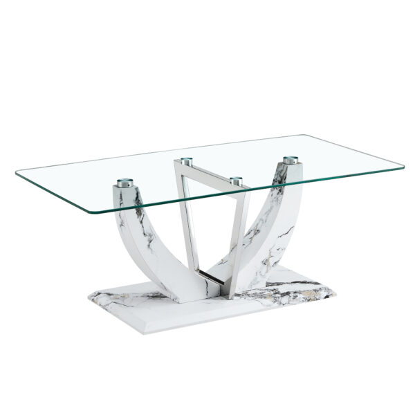 2aac7c9d45cb4a81aa70668b7304e1c2_20240206_ce5bb28729037915864c2b6509f09359 Modern minimalist transparent tempered glass coffee table with marble patterned MDF legs and stainless steel decorative columns. Computer desk. Game table. CT-907