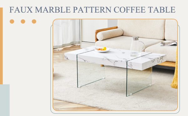 2ab5ed5c31844e04837adebffd5153f3_23a70f64fe397700e5a004fc09aa961d 43.3"x23.6" White Marble-Patterned MDF Coffee Table with Tempered glass legs.Suitable for Living Room.It can be used not only as a coffee table but also as a side table or display stand.