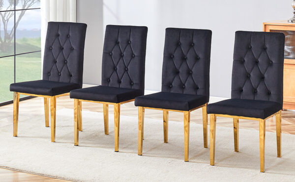 2adc5c152ab04342a1cbf1f435a4ec21_39cbcfdb6d36a3a1755aeb26d85e733f 4 piece dining chairs.The gold metal legs complement the black velvet, showcasing a perfect blend of modern and classic elements.Suitable for various occasions such as kitchens,conference rooms, etc.